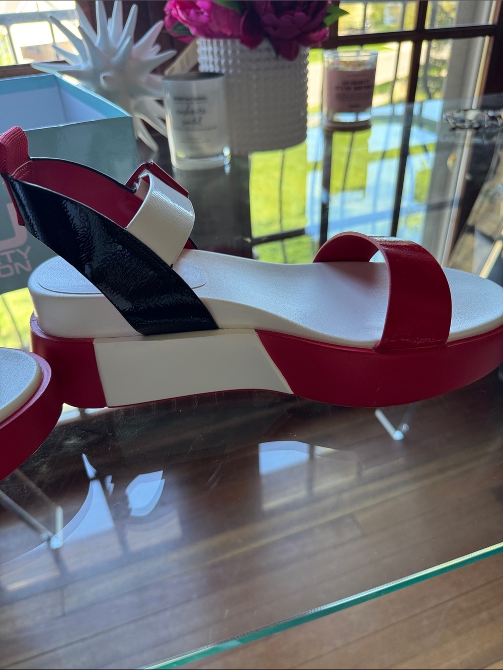 Women's Patent Red, White & Black Platform Sandals - Picture 2 of 6